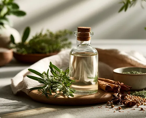 Essenza in bottiglia con erbe aromatiche